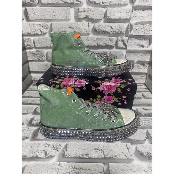 NAN-KU‎ Couture Cruise Studded High Top Sneakers Rhinestone Embellished Green - Picture 1 of 11